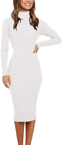 Vista 9 de MEROKEETY - Vestido de manga larga acanalado para mujer, con cuello alto, ajuste entallado, longitud por debajo de la rodilla y tejido