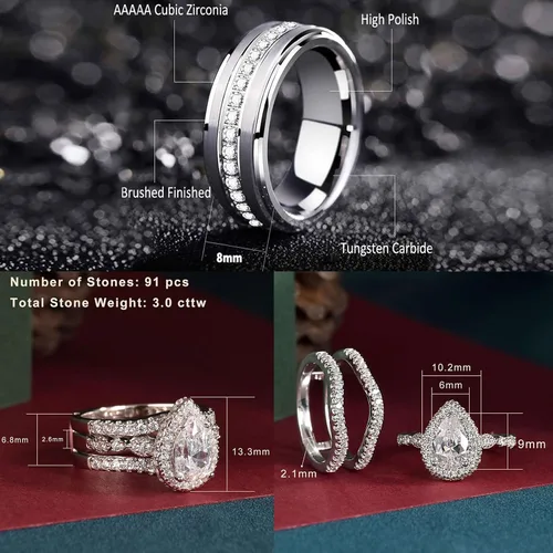 Vista 4 de Newshe Jewellery Juego de anillos de boda para él y ella, anillos de promesa AAAAA para parejas, mujeres, hombres, banda en forma de pera, talla 5-13