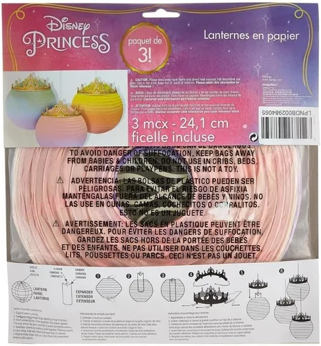 Vista 3 de Disney Princess - Faroles colgantes de papel encantadores – 12.5 x 9.5 pulgadas (paquete de 3) – Decoración colgante adornada de tiara, perfectas