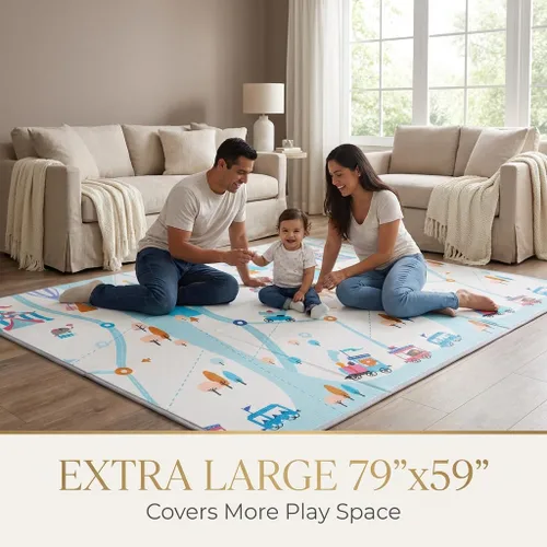 Vista 2 de Alfombra de juego extra grande para bebés de 79 x 59 pulgadas, espuma protectora gruesa de 0.6 pulgadas (no tela), impermeable, plegable y portátil