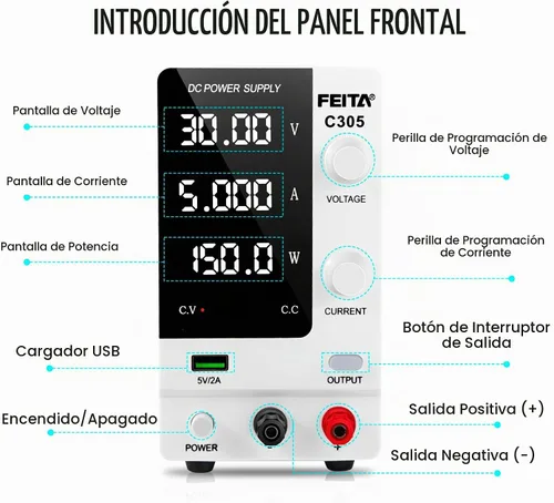 Vista 6 de FEITA Fuente de alimentación de CC variable, 30 V 5 A, fuentes de alimentación de laboratorio de banco de alta precisión ajustable con pantalla LED