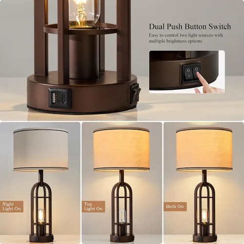 Vista 2 de SRJJA Juego de 2 lámparas de mesa de granja para sala de estar y dormitorio, lámparas de noche industriales rústicas para mesitas de noche con USB