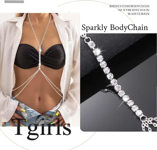 Vista 4 de Tgirls Layered Rhinestone Body Chain Sexy Gold Body Belly Chain Beach Body Jewelry Party for Women