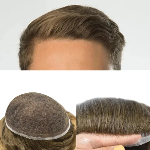 Vista 49 de Completo suizo encaje tupé para hombres pieza de pelo real sistema de reemplazo de cabello humano para hombres Toupee Hairpieces para hombres 7x9