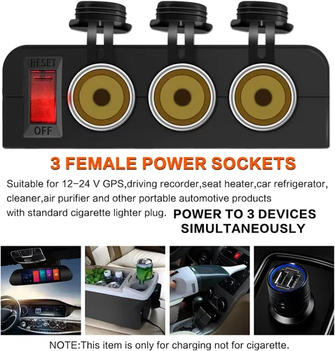 Vista 4 de Divisor de encendedor de cigarrillos de 3 enchufes, adaptador de toma de corriente de 12V con interruptor LED rojo de encendido/apagado, enchufe