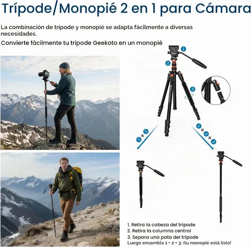Vista 5 de GEEKOTO Trípode de video con cabezal fluido, trípode profesional para cámara réflex digital, monopie de aluminio de 77 pulgadas para videocámara