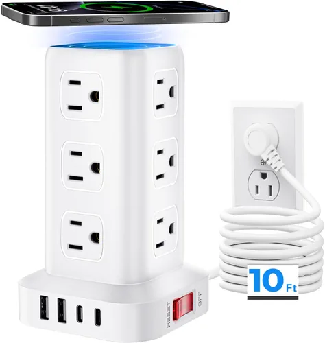 Vista 19 de Regleta de alimentación con 12 tomas, 4 USB (1 USB C), cable de extensión de 6.5 pies con múltiples tomas, estación de carga, torre de regleta
