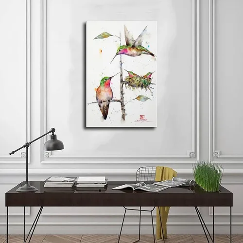 Vista 3 de Póster artístico de Dean Crouser 16 pinturas de acuarela de la familia de colibríes sobre lienzo, póster para decoración de dormitorio, paisaje