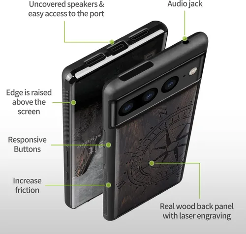 Vista 6 de Carveit Funda de madera para Google Pixel 7 Pro [madera natural y TPU negro] a prueba de golpes (negro madera, brújula vintage) Google Pixel 7 Pro