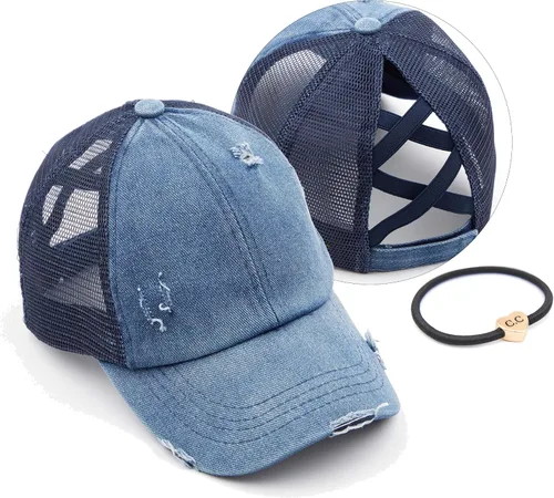 Vista 33 de C.C Gorra de béisbol de malla con diseño de estrella brillante, gorra de camionero ajustable para moño o cola de caballo Una banda elástica-negro