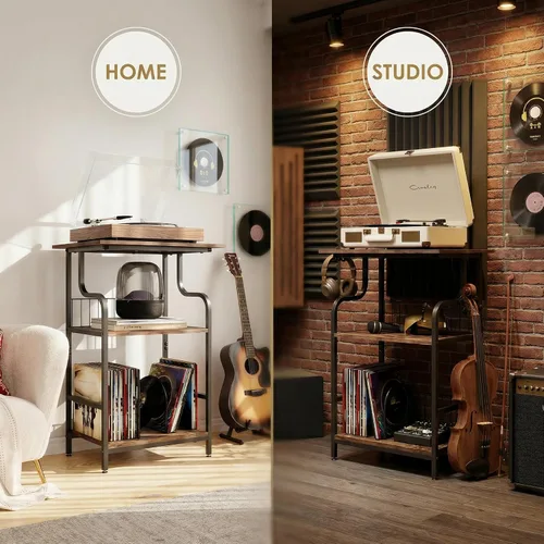 Vista 15 de Soporte para tocadiscos, mesa para tocadiscos de 3 niveles, almacenamiento de discos de vinilo con escritorio extragrande, mesa auxiliar para discos