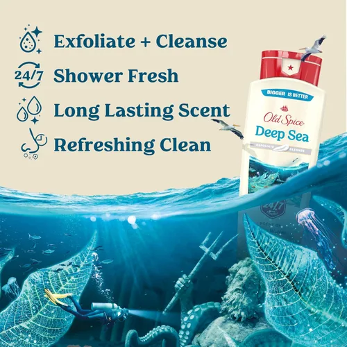 Vista 2 de Old Spice Gel de baño limpiador para hombres, ducha 24/7 fresco con aroma duradero, exfolia y limpieza, suave con la piel, vitamina B3, mar profundo
