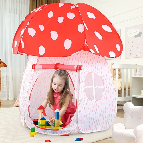 Vista 7 de Carpa de juegos para niños con diseño exquisito Pop Up Carpa para interiores y exteriores Casa de juegos para niños y niñas con diseño de hongo Rosa