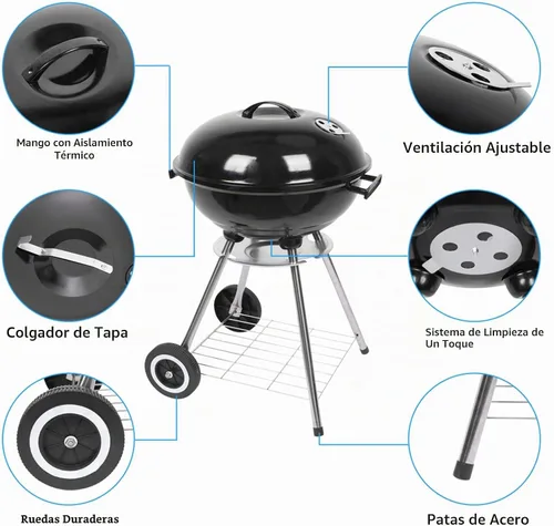 Vista 4 de Parrilla de carbón de 18 pulgadas con ruedas para cocinar al aire libre, barbacoa, barbacoa, hervidor de carbón, parrilla portátil, resistente