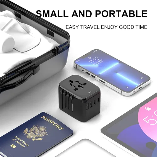 Vista 5 de Adaptador de Viaje Universal, VYLEE 5 en 1 Adaptador de Corriente Internacional, 3.5A 2xUSB-A y 2xUSB-C Cargador de Pared, Enchufe Esencial de Viaje