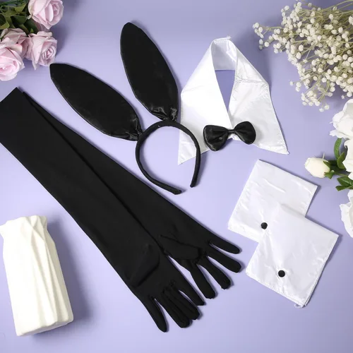 Vista 3 de LUTER 6 accesorios de disfraz de conejo, juego de disfraz de conejo, diadema de orejas de conejo, cuello, corbatín, guantes, puños, disfraz