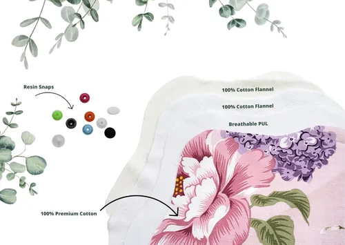 Vista 7 de Lilind ® Paquete de 7 toallas de tela para tanga en flores rojas, 100% algodón orgánico, reutilizables, lavables, toallas sanitarias menstruales