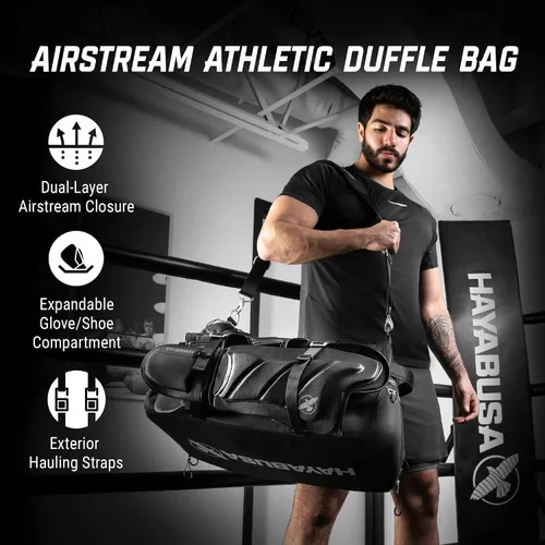 Vista 2 de Bolsa de gimnasio deportiva Hayabusa Airstream para mujeres y hombres - Bolsa de lona negra de 50 l - 7 bolsillos con cremallera, buena para viajes