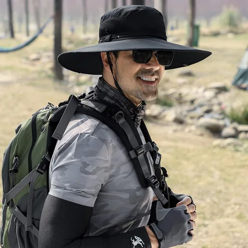 Vista 3 de Sombrero de sol para hombres y mujeres, sombrero de pescador de ala ancha, protección UV, repelente al agua, sombrero ventilado para pesca