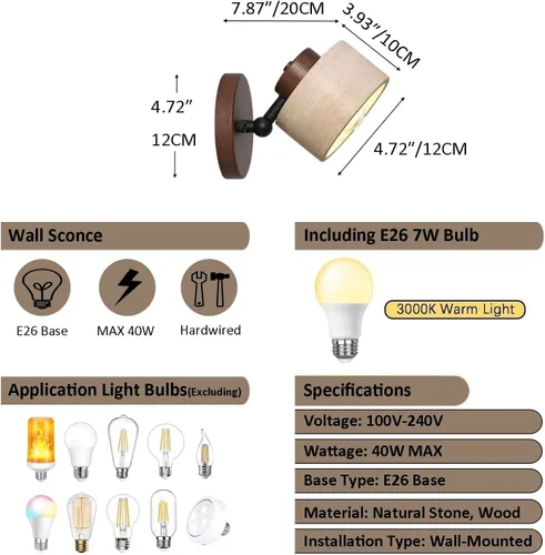 Vista 6 de Aplique de pared ajustable de piedra natural - Lámpara de baño de mármol con cableado directo, lámpara rústica de estilo campestre, iluminación