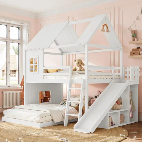 Vista 41 de Cama de Casa Tamaño Twin con Elegantes Ventanas y Estantería, Marco de Litera con Diseño de Castillo de Madera con Barandillas de Seguridad