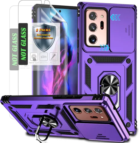 Vista 10 de Funda protectora para teléfono con cubierta deslizante para cámara, soporte de anillo magnético y 2 películas autorreparables Compatible