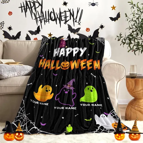 Vista 2 de Manta de Halloween personalizada con nombre, mantas de Halloween personalizadas para niños, Halloween personalizada para niños y niñas, bonita manta