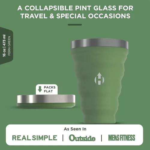 Vista 6 de HYDAWAY Pinta Plegable de 16 oz - Taza de Silicona Libre de BPA con Borde de Acero Inoxidable - Reutilizable, Empacable y Duradera para Acampar, Fern
