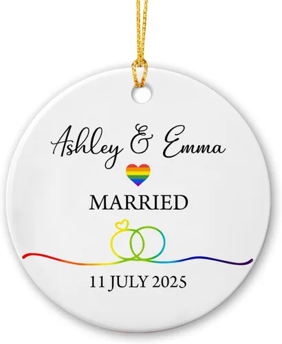 Vista 19 de All for Love - Adorno de cerámica LGBT arcoíris para Navidad 2025, adorno de Navidad personalizado para parejas, orgullo gay/lesbiano, adorno