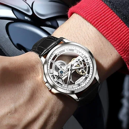 Vista 16 de OLEVS Relojes de esqueleto para hombre, automático, mecánico, de lujo, de cuero, impermeable, luminoso, reloj de pulsera para hombre