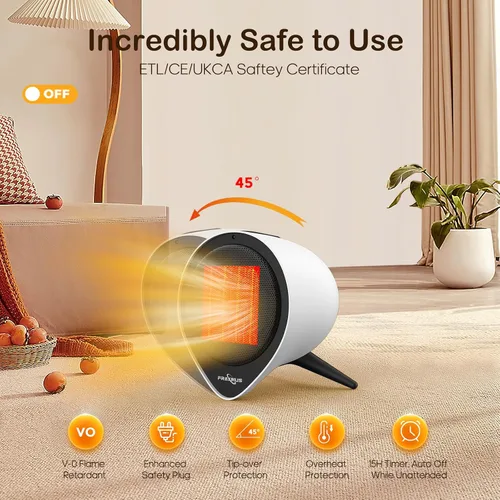 Vista 2 de Calentadores de cerámica pequeños para uso en interiores, calefacción eléctrica PTC de 1500 W con temporizador de 15 horas, protección contra