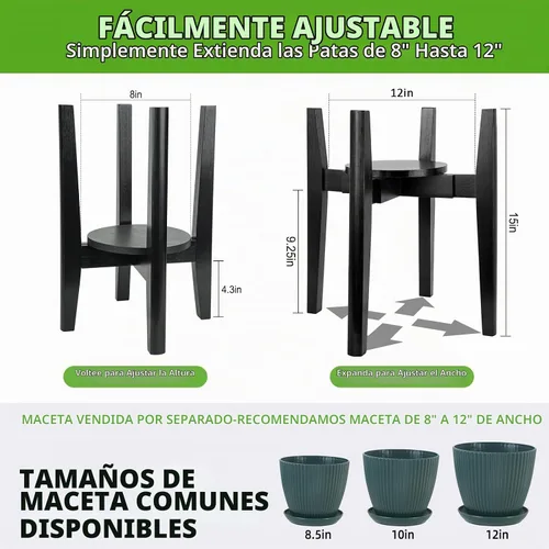 Vista 2 de Soporte ajustable para plantas con bandeja, soporte de madera para plantas de interior para macetas de 8 a 12 pulgadas, moderno soporte para macetas