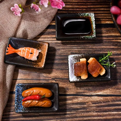 Vista 4 de Juego de 4 platos de cerámica para salsa de soja, rectangulares pequeños de 3.35 pulgadas, platos de inmersión de sushi con textura