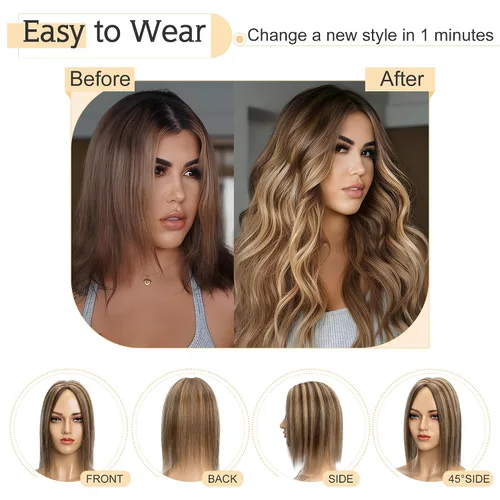 Vista 5 de SEGO Toppers de cabello humano para mujeres con cabello adelgazante, base de seda de 7 * 13CM (2.8 x 5.1 in), 100% cabello humano real, postizos