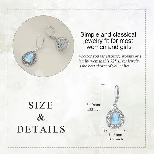 Vista 37 de Aretes colgantes con forma de lágrima de filigrana de piedra lunar de plata de ley 925 con cierre de palanca para mujer, regalos de joyería