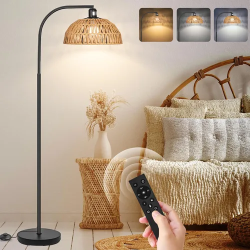 Vista 10 de Brilvibera - Lámparas de pie modernas negras con control remoto Stepless Dimmable Bulb, Hand-Worked Adjustable Rattan Lamp Shades Bohemian Floor