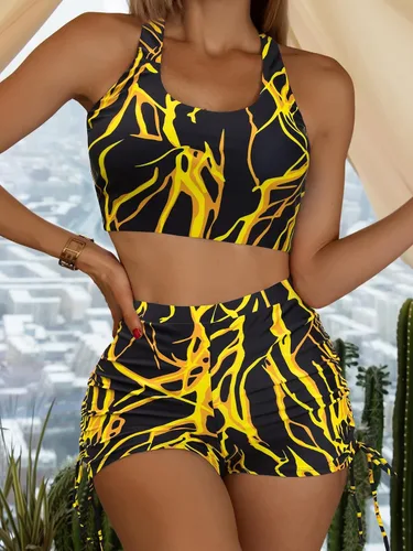 Vista 3 de OYOANGLE Traje de baño de 2 piezas con estampado tropical cruzado y cordón para mujer