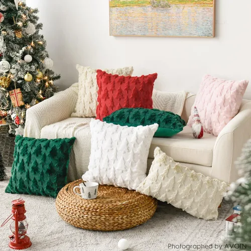 Vista 6 de AVOIN colorlife - Juego de 2 fundas de cojín de árbol de Navidad color beige, de 16 x 16 pulgadas, de felpa suave y pelo sintético, para sofá