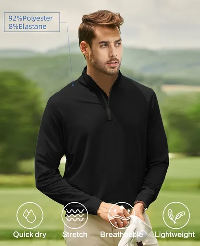 Vista 4 de Sudadera con cremallera de un cuarto para hombre, polo de manga larga, para golf, secado rápido 14, protección solar UPF 50+