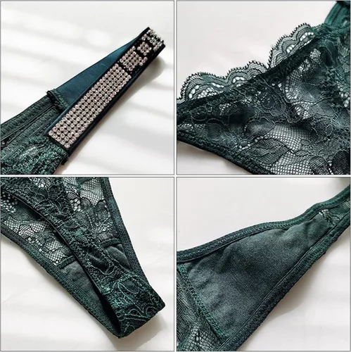 Vista 6 de Bragas de tanga sexys, con diamantes de imitación para mujer, de talle bajo, tanga, floral, encaje en T, ropa interior, paquete de 3