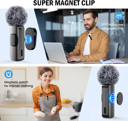 Vista 6 de Paquete de 2 mini micrófonos inalámbricos Lavalier para iPhone, Android, cancelación activa de ruido, micrófono magnético de solapa para TikTok