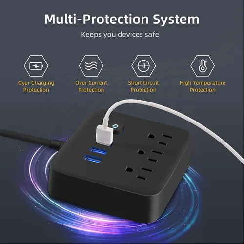 Vista 3 de Regleta de alimentación con protección contra sobretensiones, puertos USB, estación de carga de escritorio, enchufe plano, montaje en pared, cable