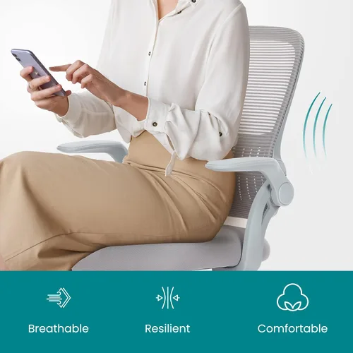 Vista 8 de DUMOS Silla de escritorio para computadora de oficina, ergonómica, de malla con respaldo medio, giratoria, con ruedas, cómodo soporte lumbar
