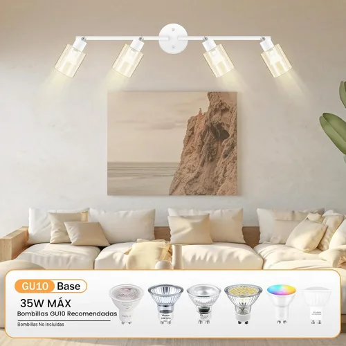 Vista 5 de BoostArea Lámparas de baño de 4 luces, modernas luces blancas de pared con pantalla de vidrio transparente, luz de techo flexible para espejo