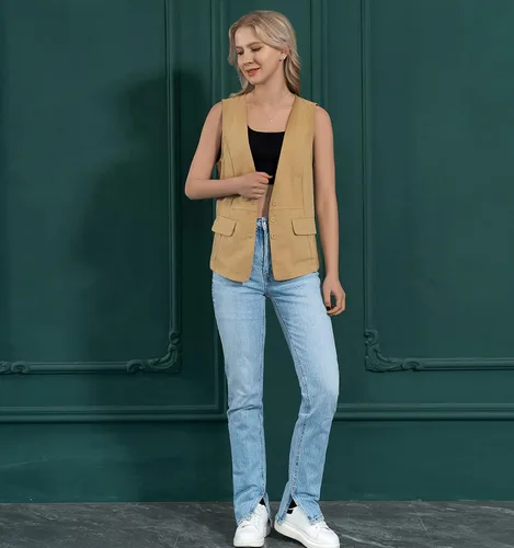 Vista 5 de Bnigung Chaleco de lino sin mangas para mujer, casual, holgado, cuello en V, chaqueta de chaleco