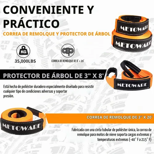 Vista 5 de METOWARE Kit de Recuperación Todo Terreno - Protector de Árboles de 3" x 8', Correa de Remolque de 3" x 20', Polea de Bloque de Tracción de Servicio