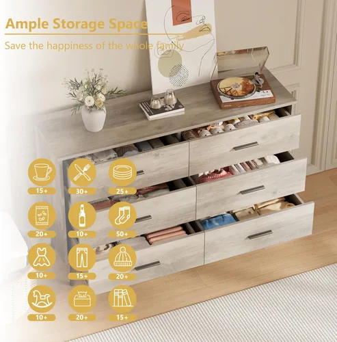 Vista 3 de Cómoda para dormitorio, cómoda de 46.5 pulgadas para armario con 6 Gris madera