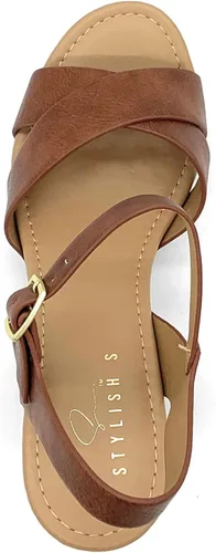 Vista 6 de STYLISH S SHIFT ~ Sandalias de tacón de plataforma para mujer, puntera abierta, correa de tobillo y tacones gruesos Canela
