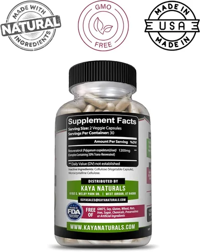 Vista 3 de Kaya Naturals - Cápsulas de resveratrol - Suplemento antienvejecimiento - Antioxidantes con apoyo cerebral - Beneficios máximos - 30 cápsulas