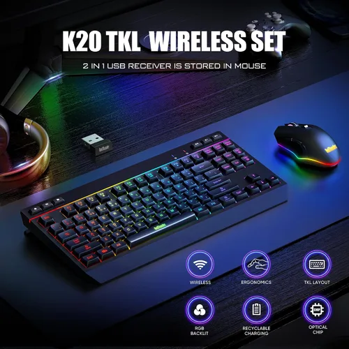 Vista 2 de RedThunder K20 TKL Combo de teclado y mouse inalámbricos, batería recargable con retroiluminación RGB ajustable, teclado de diseño compacto